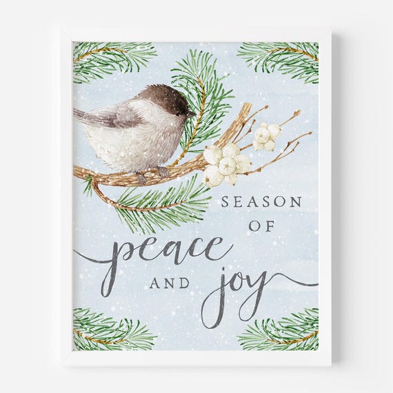 Winter Chickadee Christmas Art Print, Peace and Joy