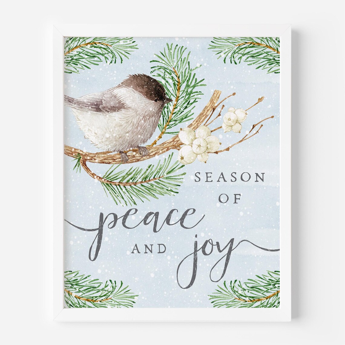 Winter Chickadee Christmas Art Print, Peace and Joy