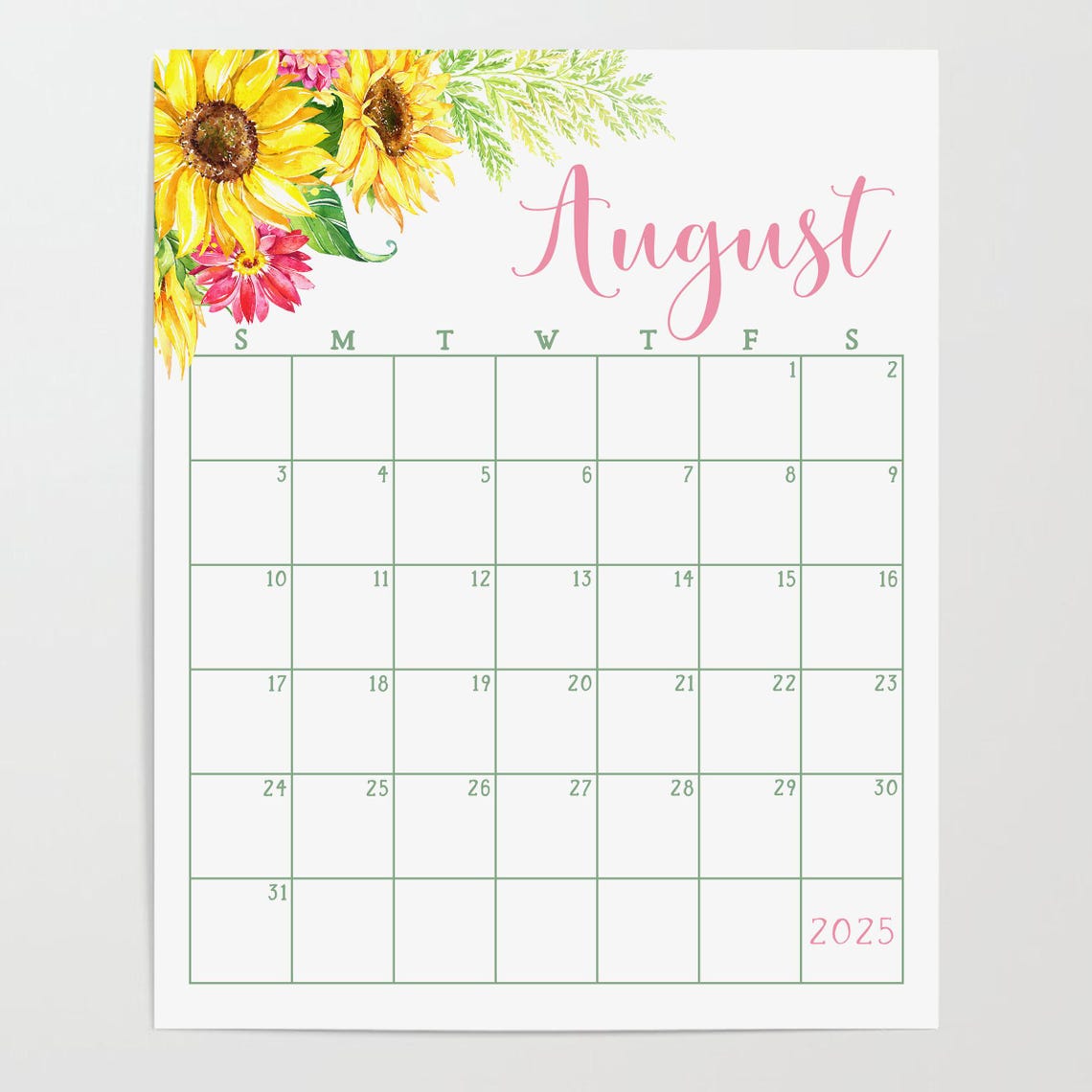 August 2025 Calendar Bright Sunflowers Pink Daisies Monthly Planner - Image 2