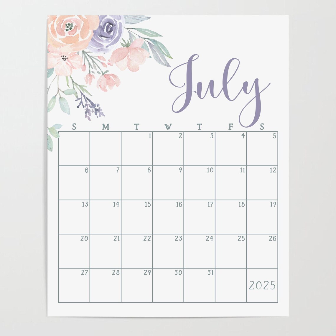 July 2025 Calendar Pastel Floral Bouquet Lavender Monthly Planner - Image 2