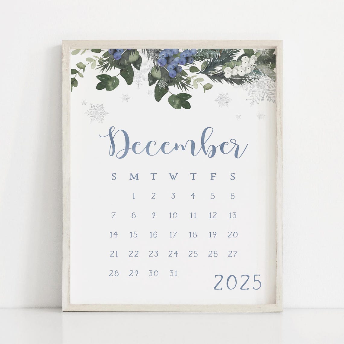 December 2025 Calendar Blue Berries Snowflakes Winter Botanical Print - Image 3
