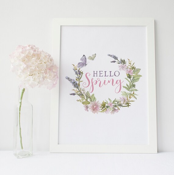 Hello Spring Floral Wreath Butterflies Pink Watercolor Wall Art Print