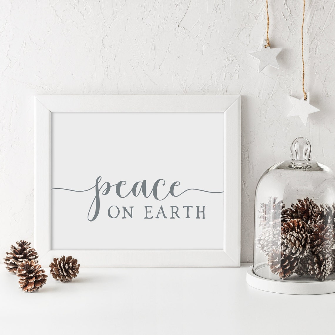 Peace On Earth Minimalist White Script Christmas Quote Wall Art