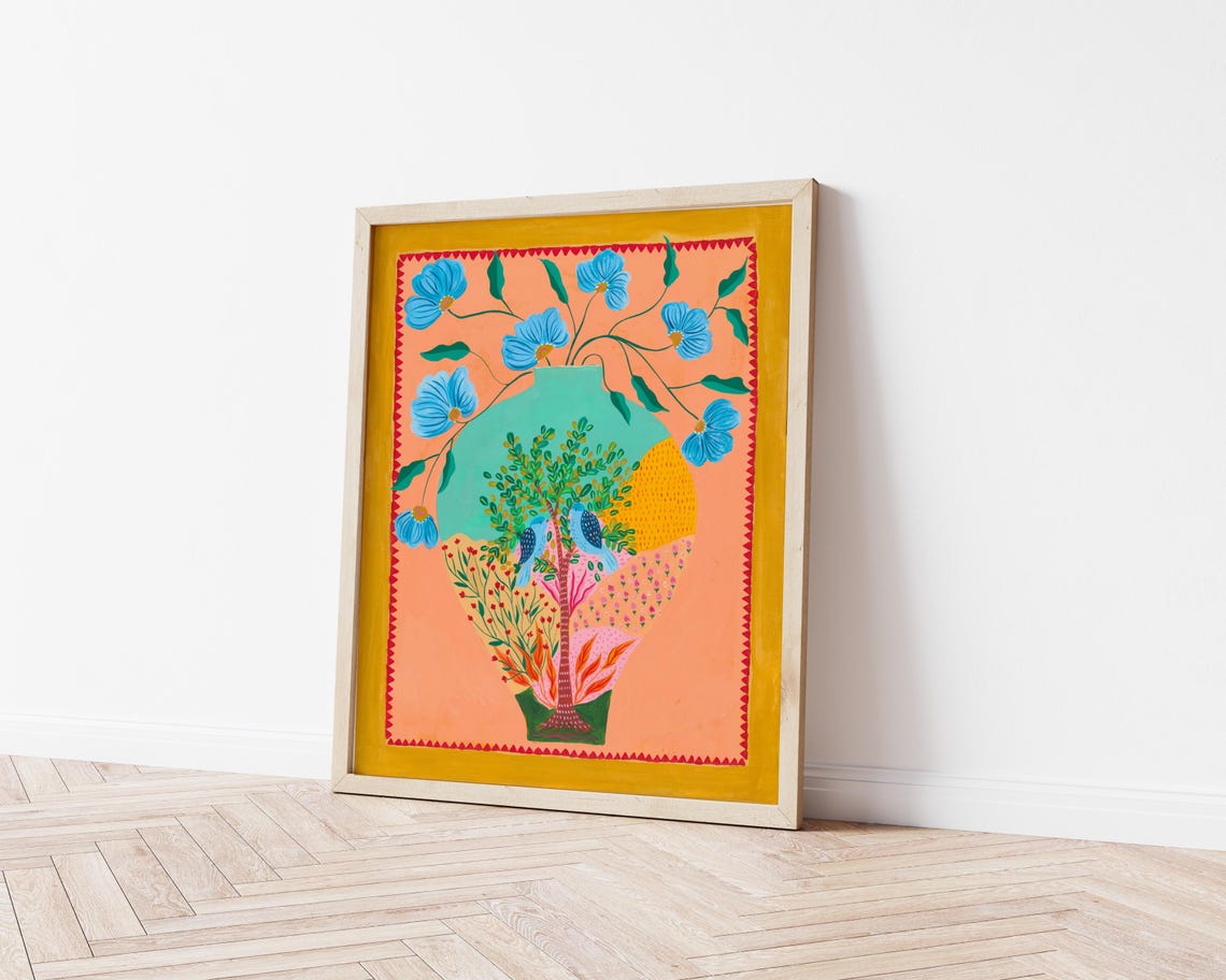 Blue Birds Folk Art Print Flowering Tree Pair of Birds Framed Wall Art - Image 2