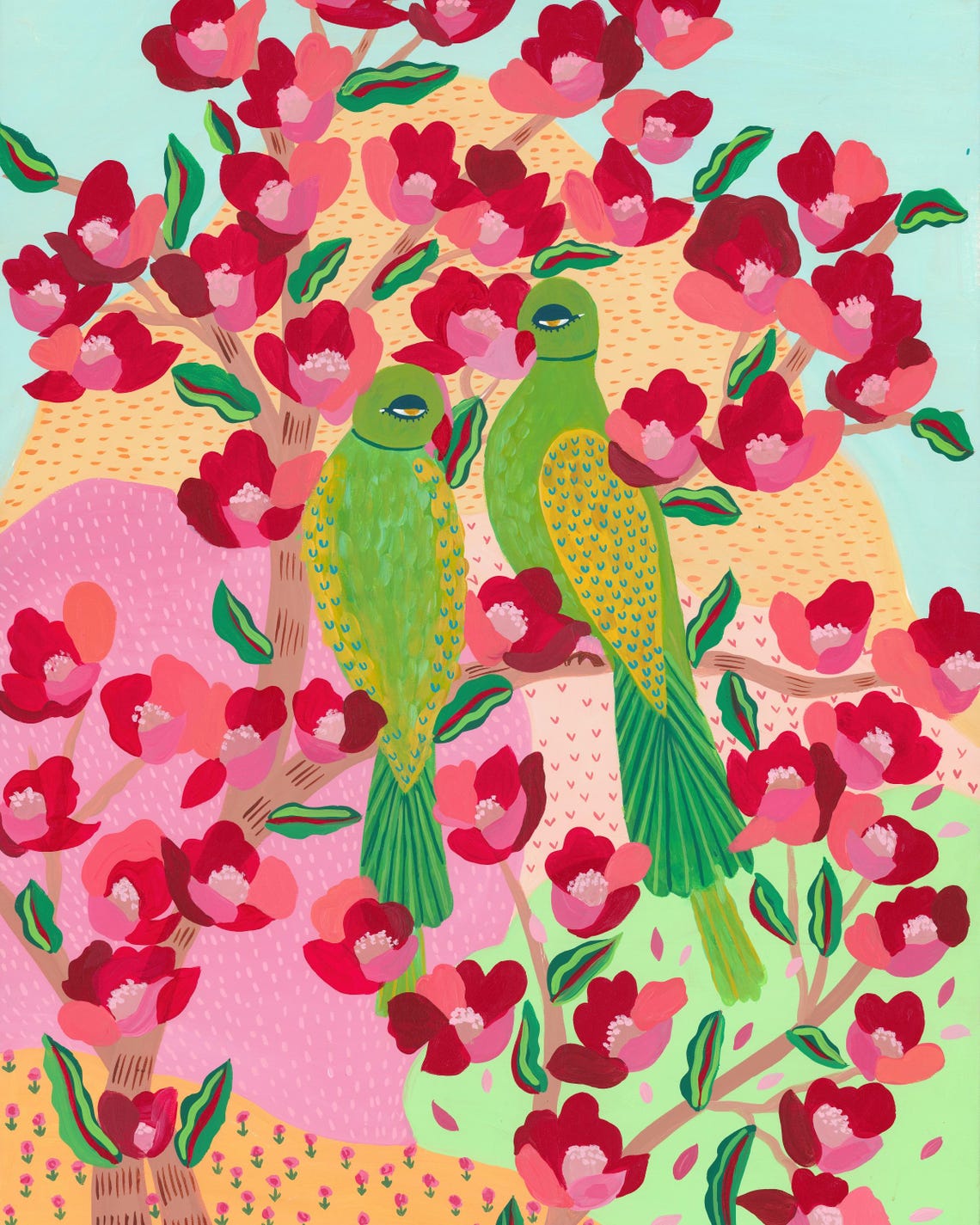 Green Parrots in Pink Blossom Tree Folk Style Framed Art Print - Image 3