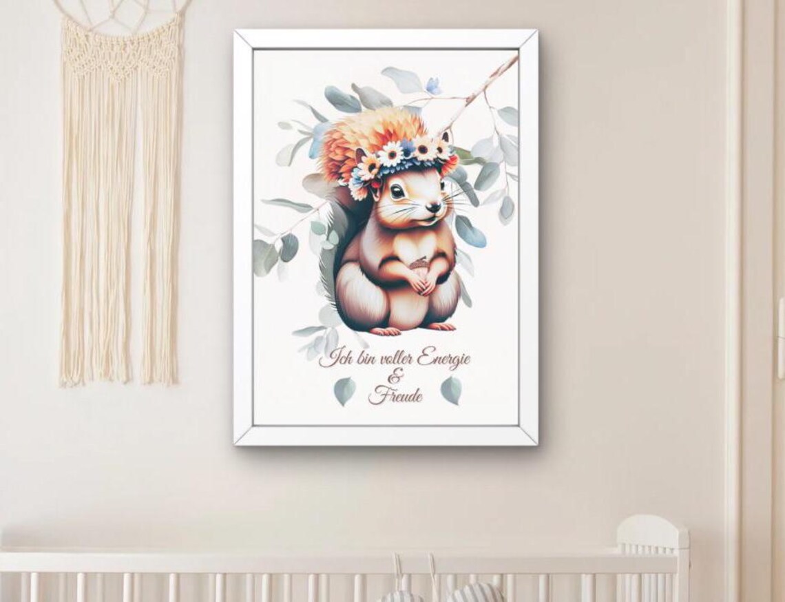 Animals Nursery Decor Poster, Flower Wreath Motivation