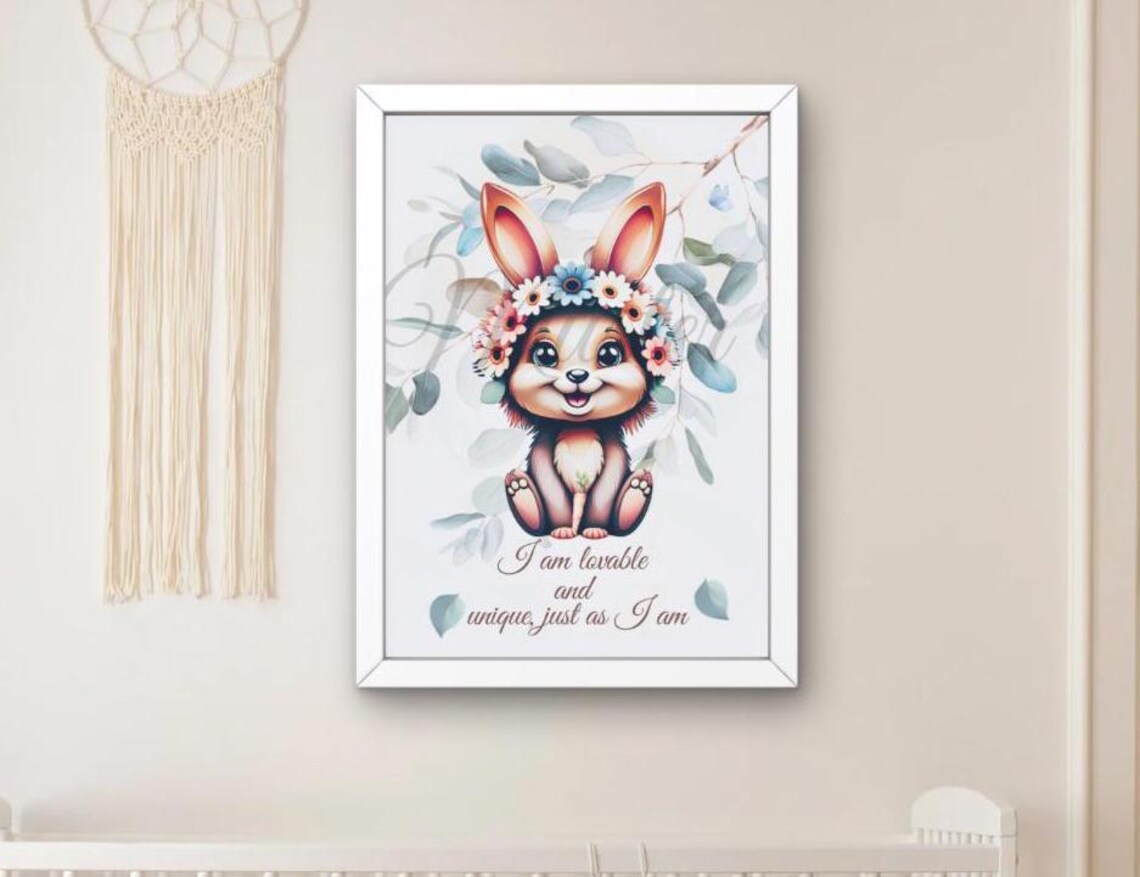 Cute Baby Bunny Flower Crown Self Love Quote Nursery Wall Art