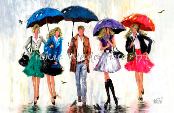 Four Women And A Man Walking In The Rain With Colorful Umbrellas Poster
