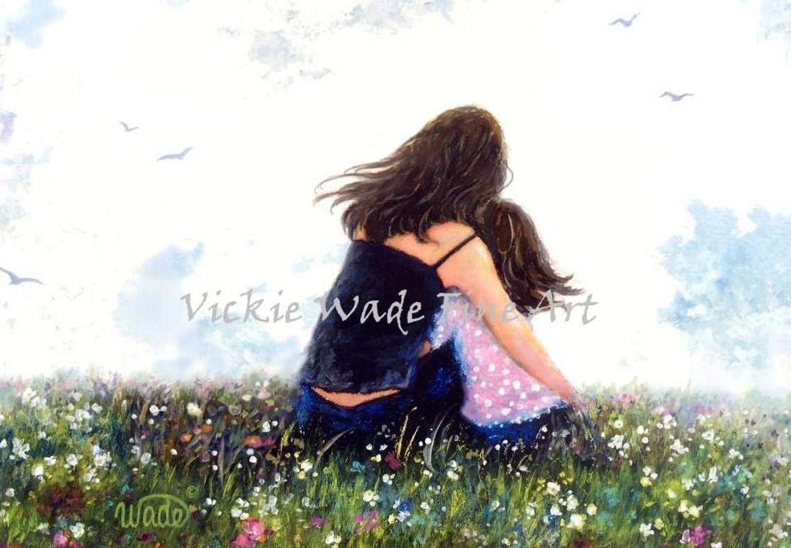 Mother Tenderly Hugging Her Daughter in a Wildflower Meadow Poster