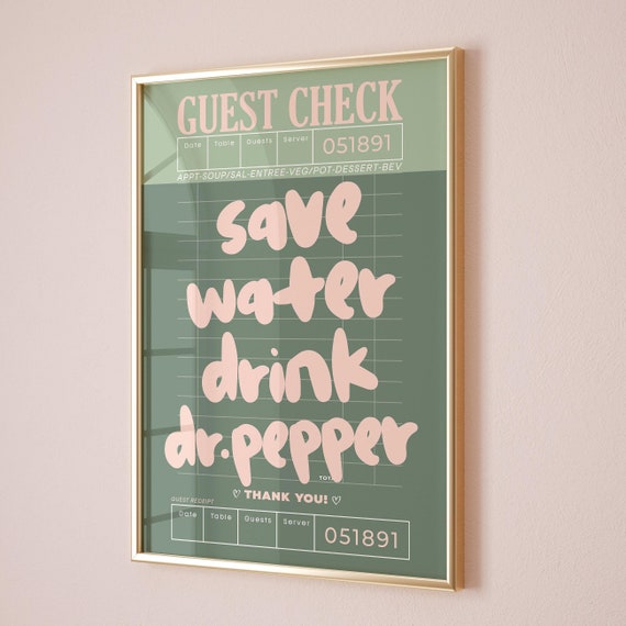 Sage Green Pink Trendy Wall Art Print Save Water Drink Drpepper Retro Bar Cart Poster Cute Apartment Decor