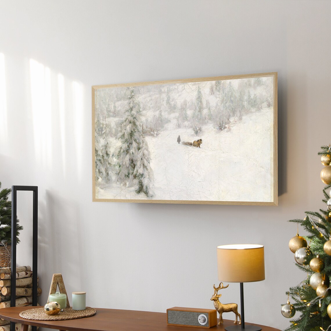 Snowy Pines with Horse Sleigh Vintage Winter Frame TV Art Poster - Image 2