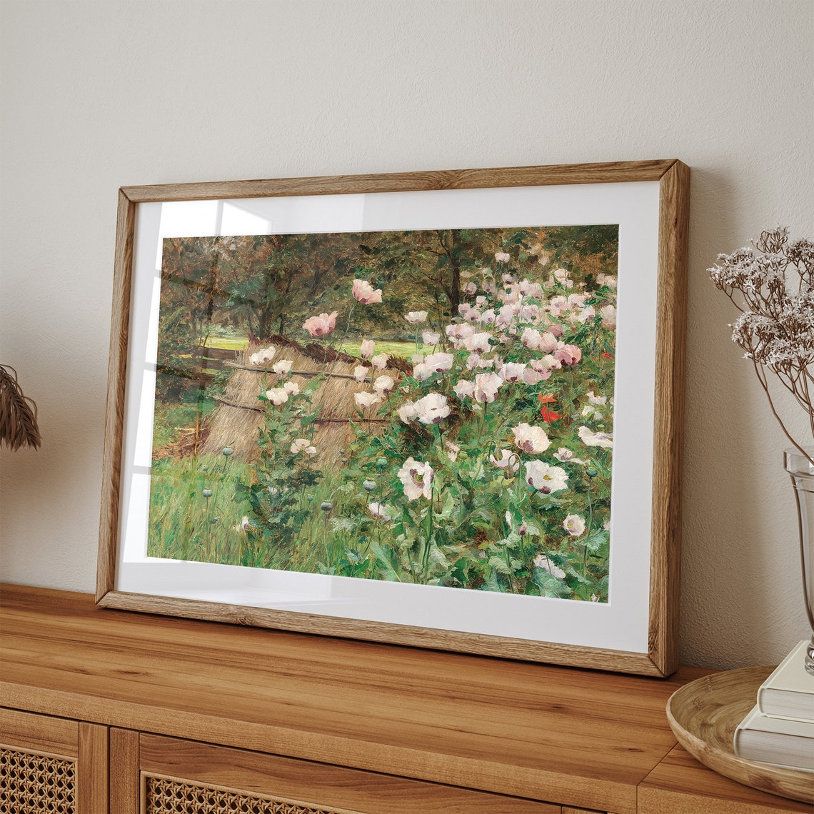 White Poppy Garden with Haystack Impressionist Floral Art Print - Image 3