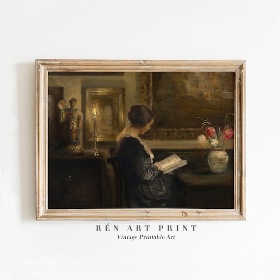 Woman Reading by Candlelight Vintage Interior Oil Painting Print