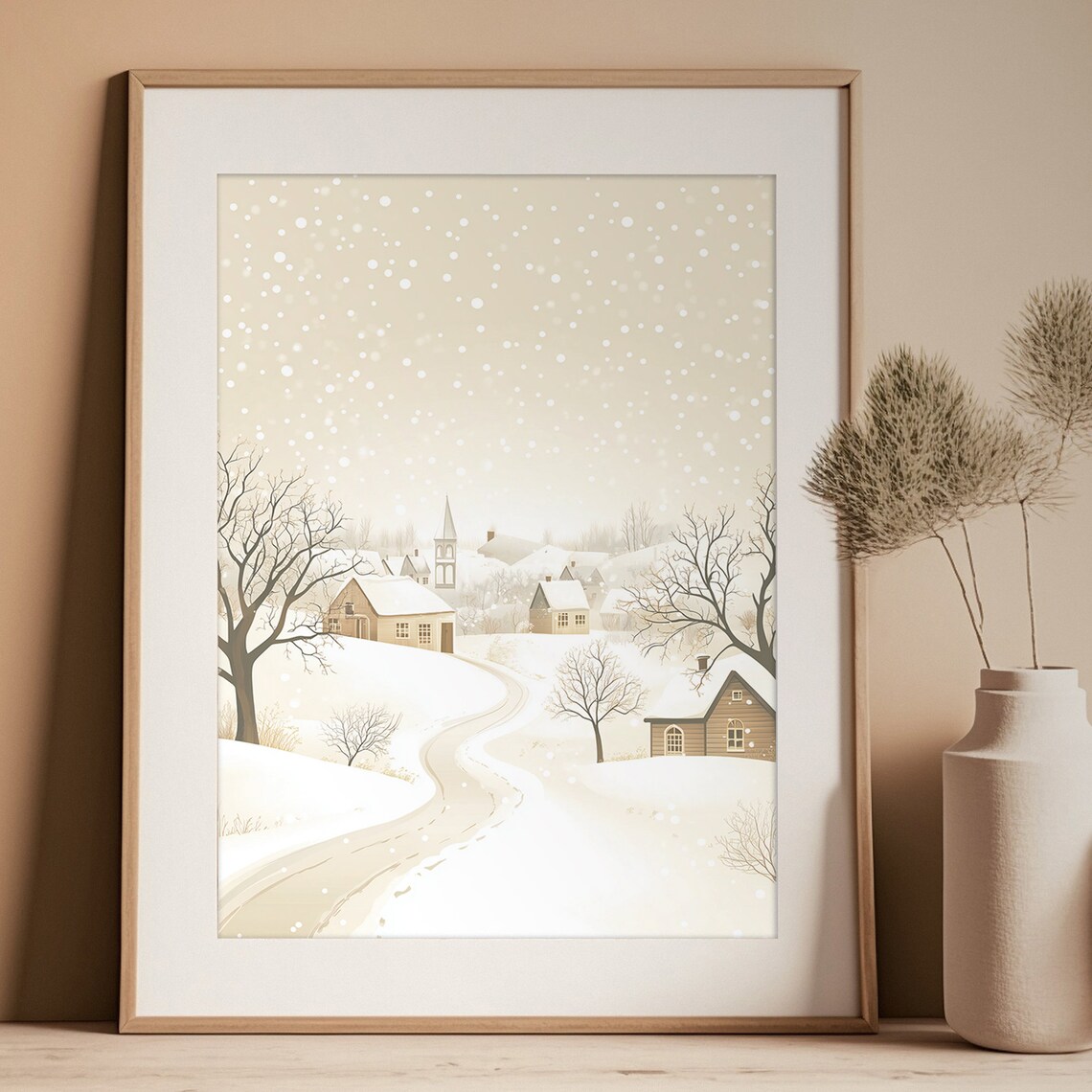 Snowy Winter Village Church Scene Neutral Beige Holiday Poster - Image 3