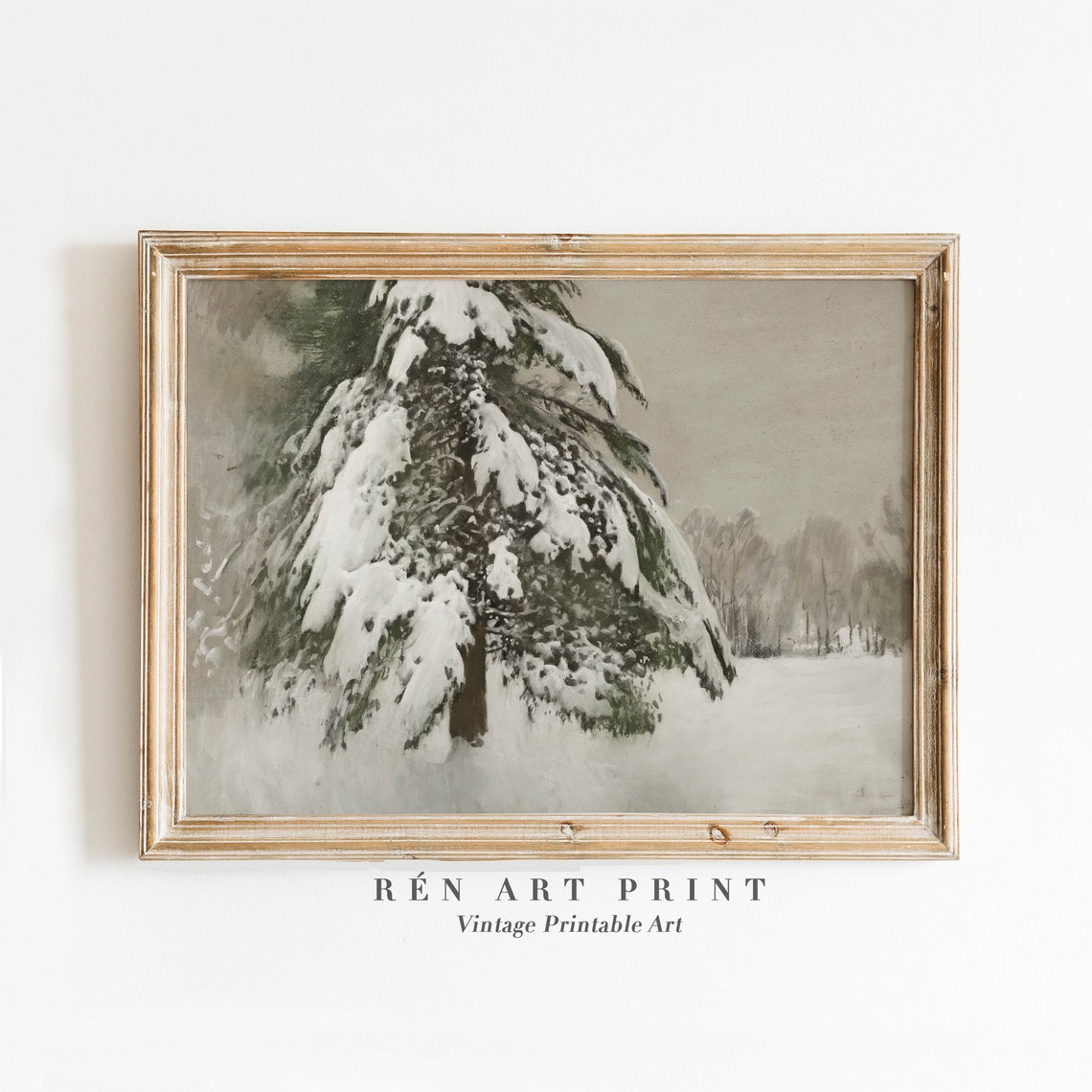 Snow Covered Pine Tree Winter Forest Landscape Vintage Wall Art