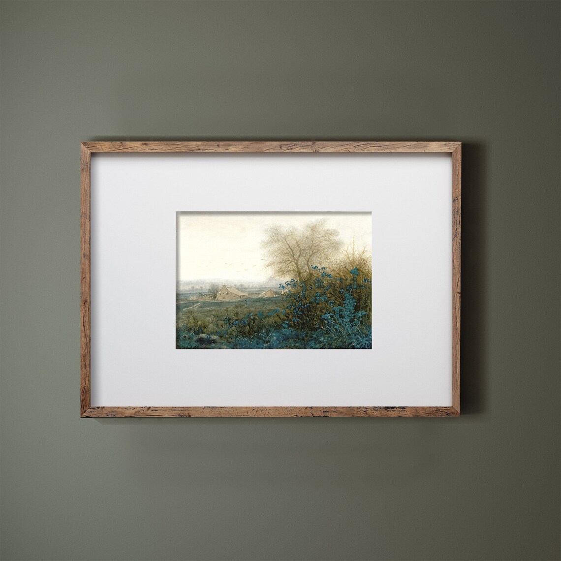 Muted Countryside Farmhouse Vintage Misty Field Distant Hills Poster - Image 2