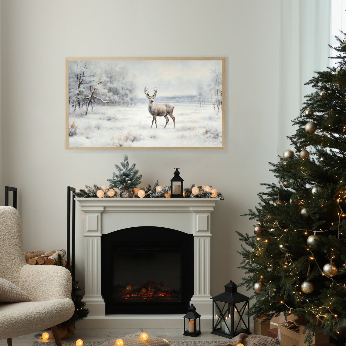 Deer Standing in Snowy Birch Meadow Winter Wildlife Frame TV Poster - Image 2