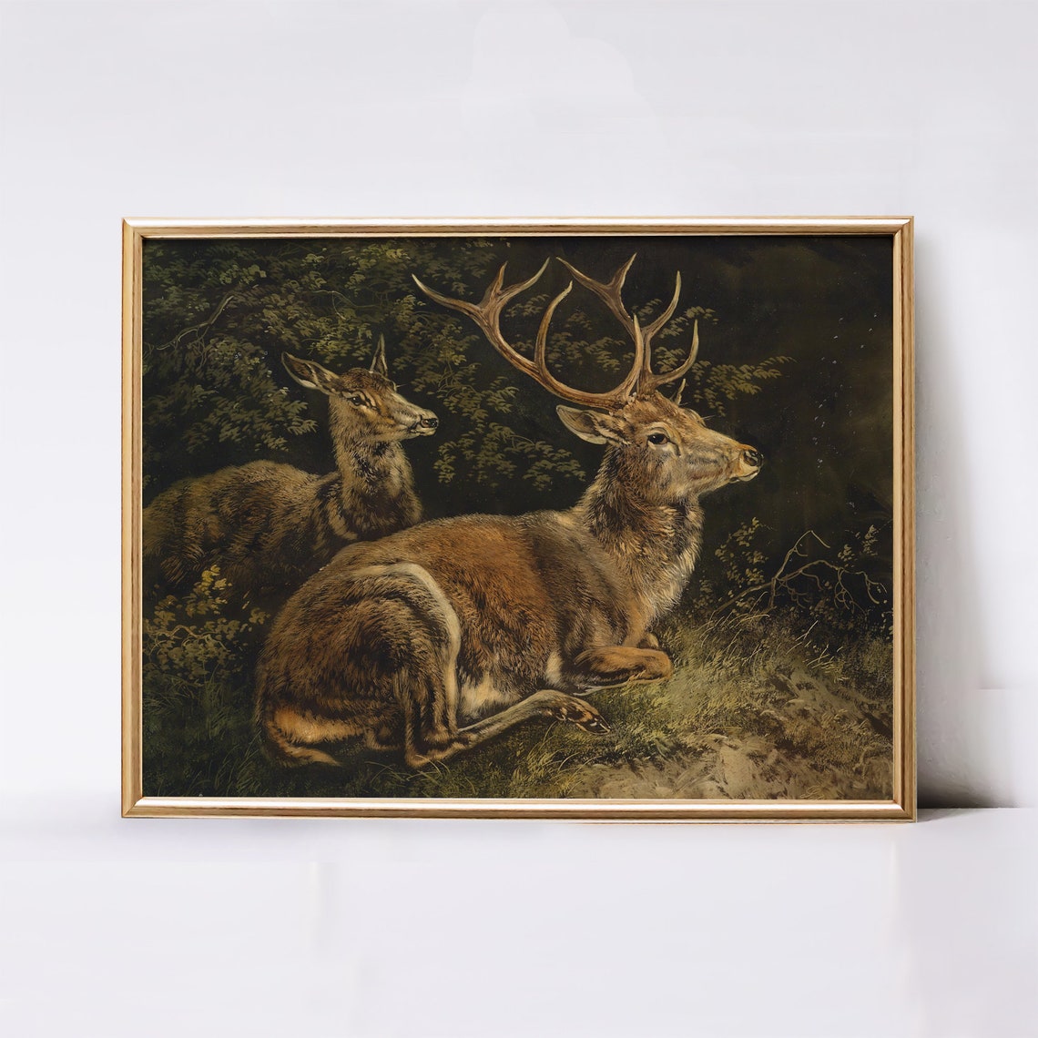 Resting Stag and Doe Antique Forest Wildlife Painting Poster - Image 2