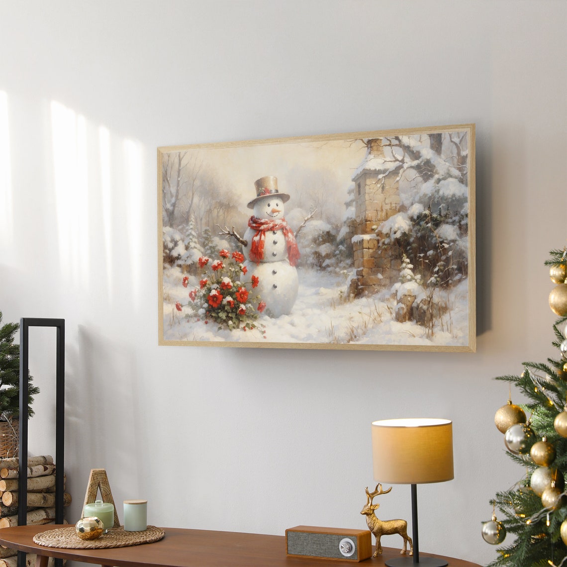 Vintage Snowman with Top Hat and Red Scarf Christmas Frame TV Poster - Image 2