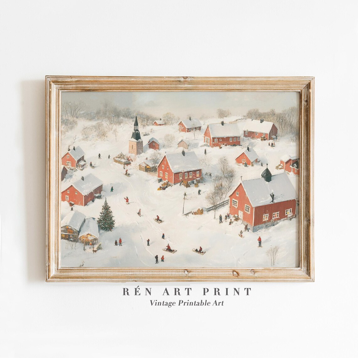 Snowy Village Christmas Scene Red Houses Vintage Winter Wall Art