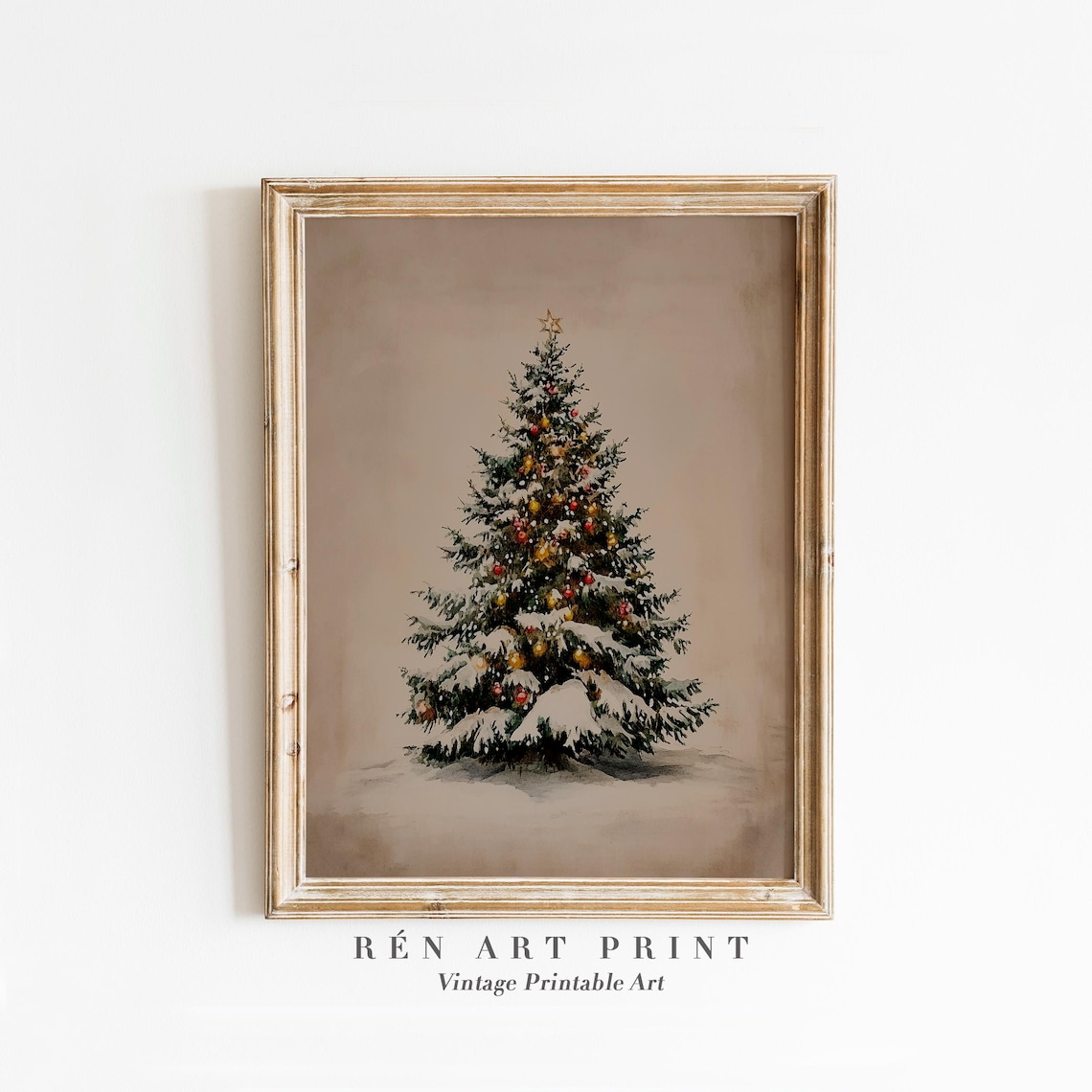 Snow Dusted Christmas Tree with Ornaments Vintage Holiday Art Print
