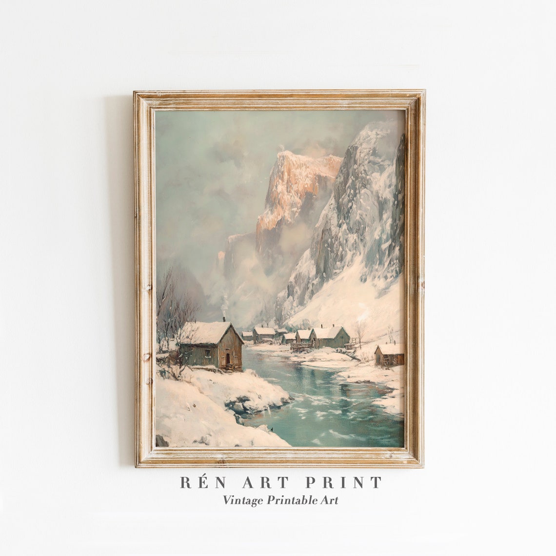 Alpine Winter Village Cottages by River under Snowy Peaks Poster