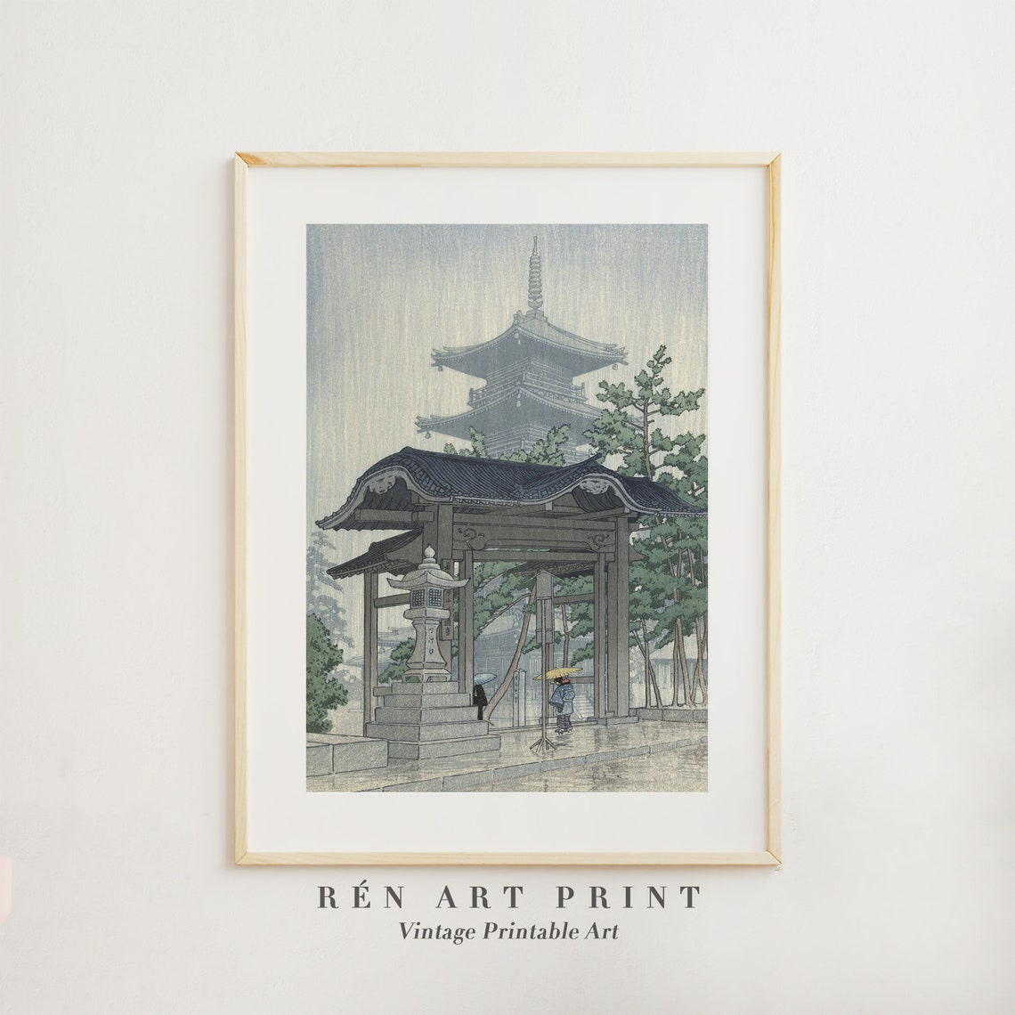 Rainy Japanese Temple Gate Woodblock Print Pagoda Rain Scene