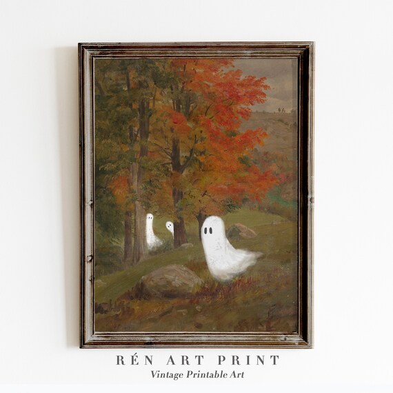 Three Cute Ghosts Autumn Forest Vintage Halloween Spooky Season Painting Poster