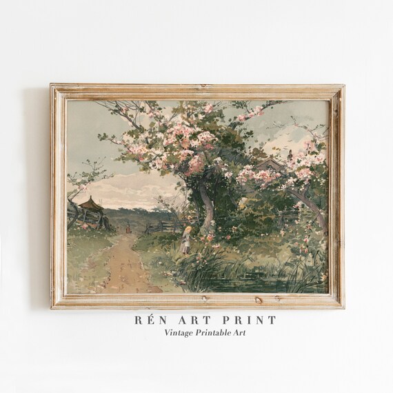 Cottage Garden Path Vintage Pink Blossom Tree Spring Pond Poster
