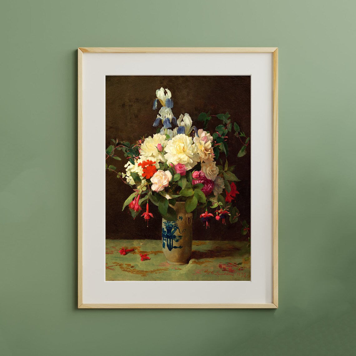 Antique Roses and Irises Floral Still Life Oil Painting Art Poster - Image 3