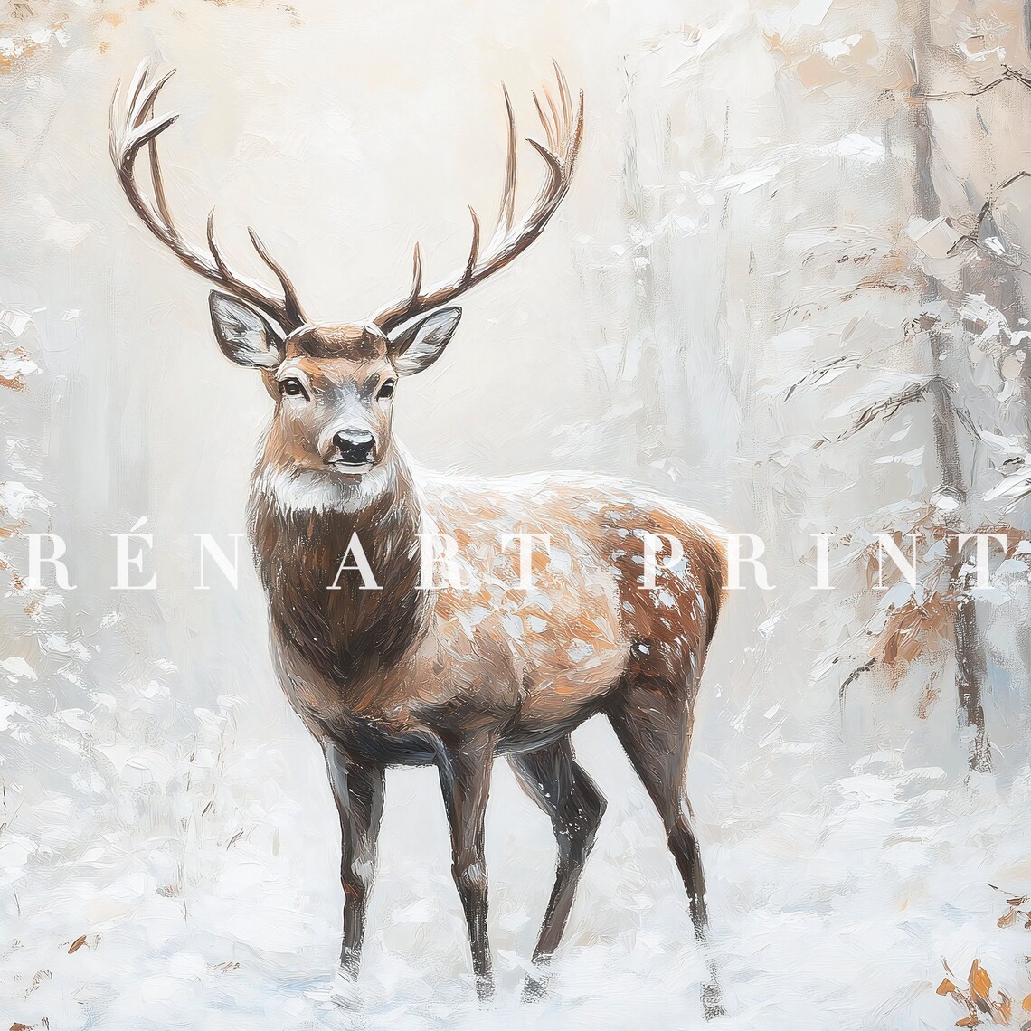 Majestic Stag in Snowy Winter Forest Wildlife Painting Poster