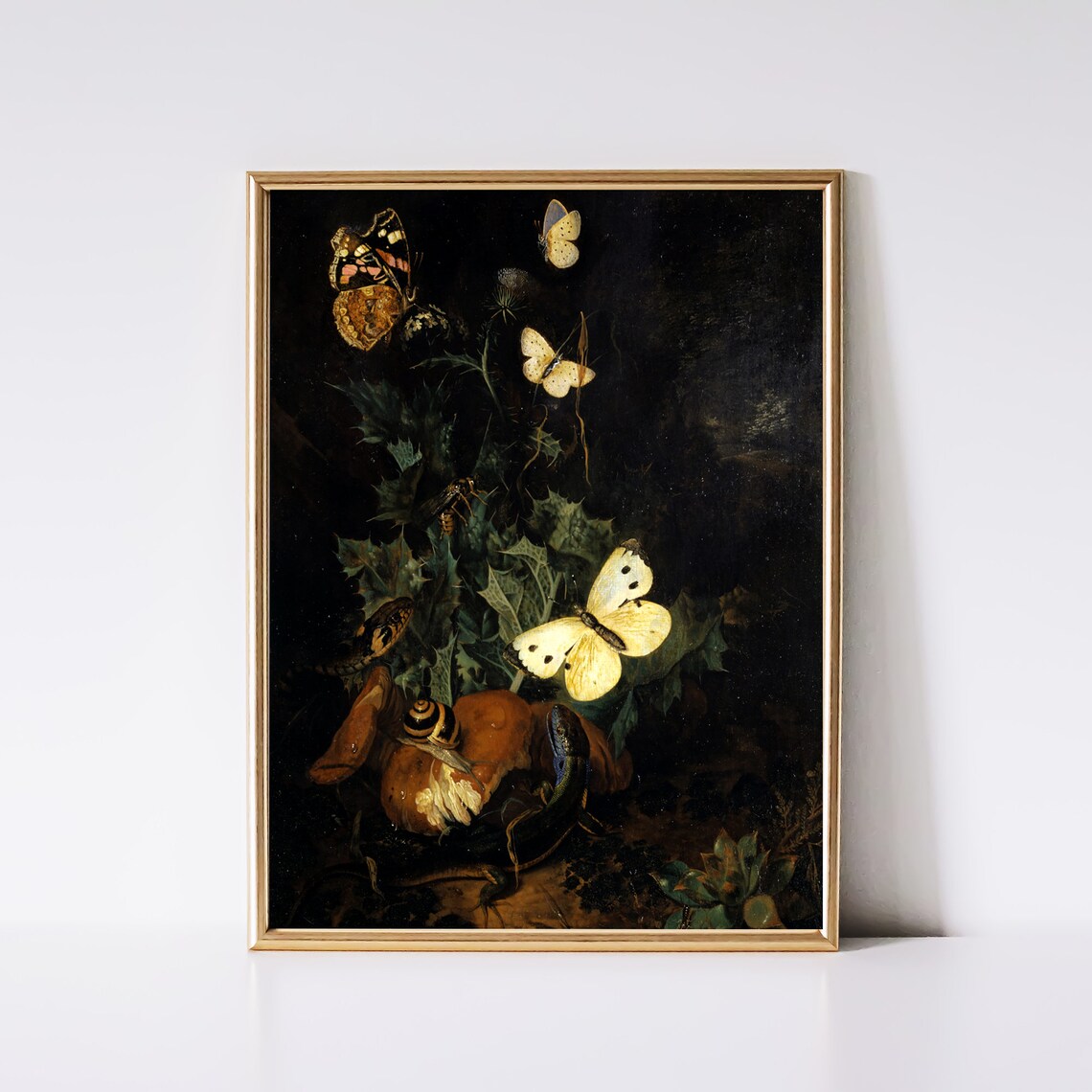 Dark Butterflies Snail Mushrooms Moody Antique Still Life Painting Poster Art - Image 3