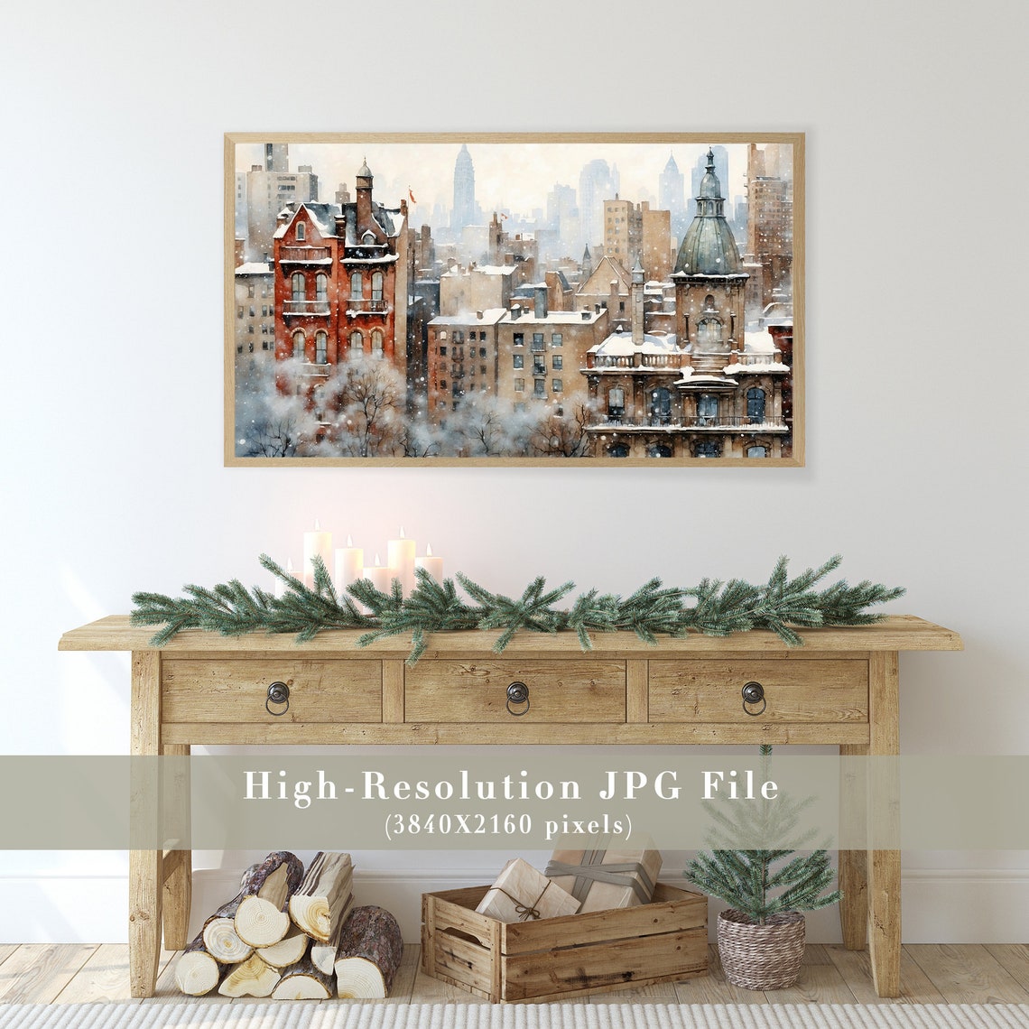 Winter Frame Tv Art Vintage Holiday Art For Tv Farmhouse Christmas Frame Tv Art Cityscape Painting Seasonal Decor - Image 2