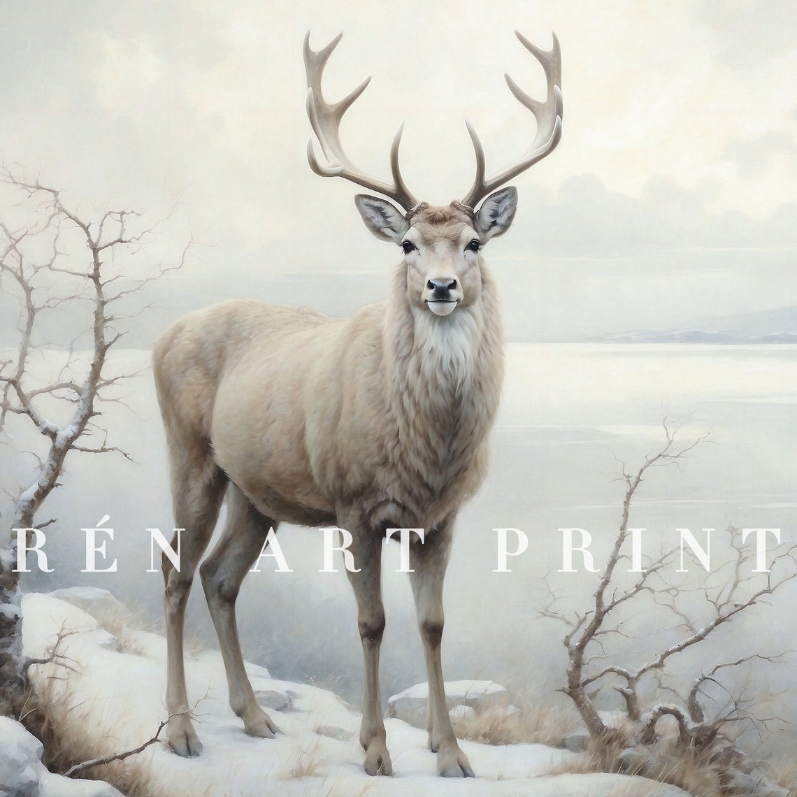 White Stag with Antlers on Snowy Hillside Winter Frame TV Art Poster - Image 3