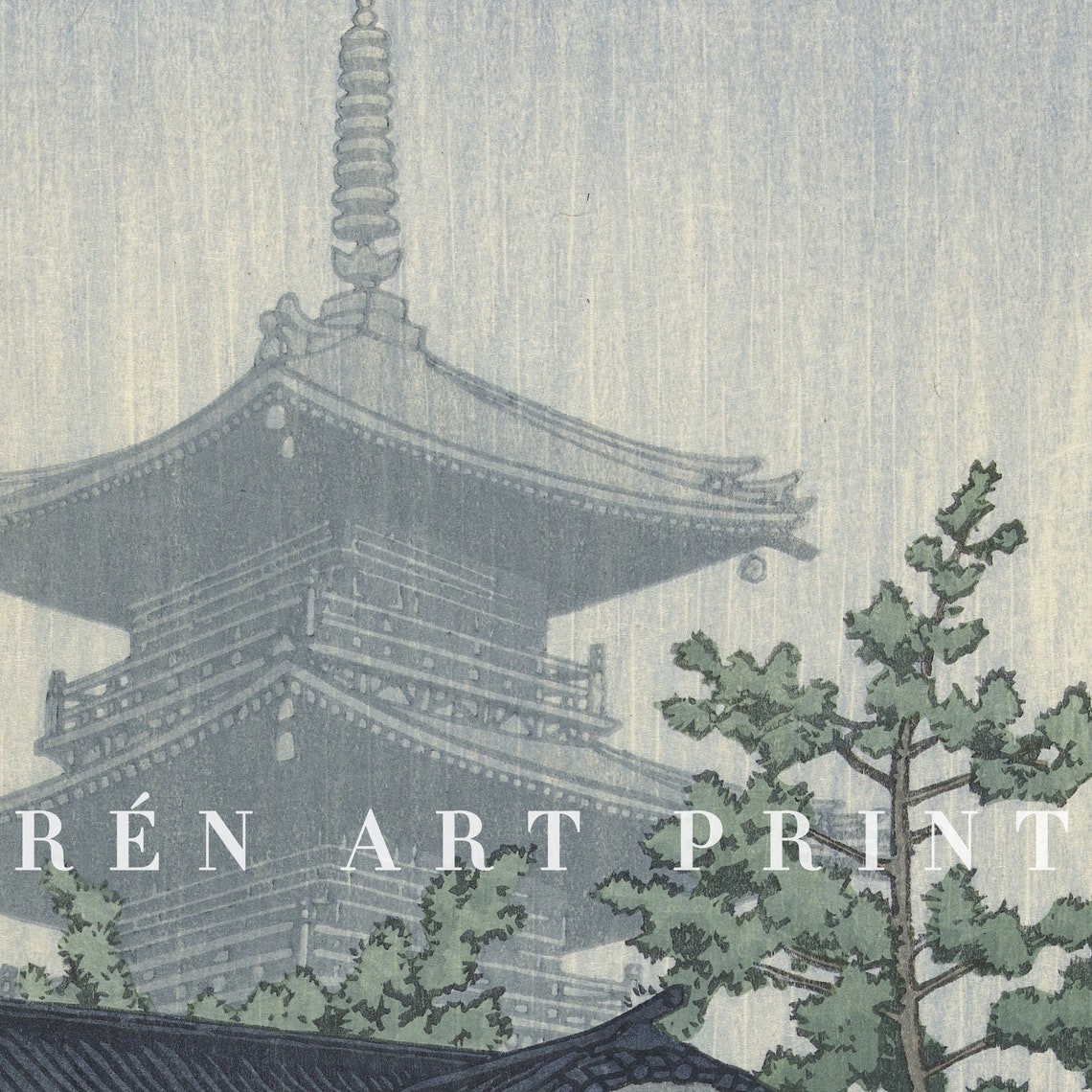 Rainy Japanese Temple Gate Woodblock Print Pagoda Rain Scene - Image 2