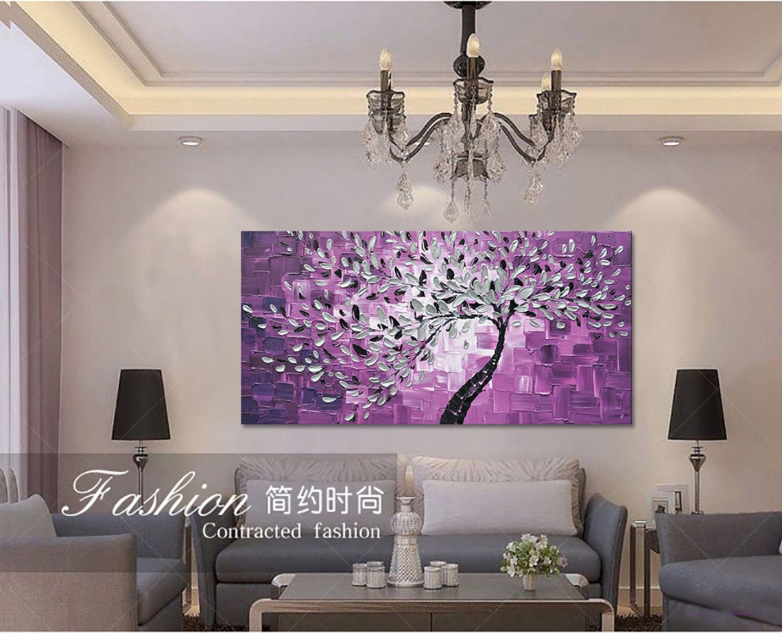 Purple Tree Silver Leaves Moody Palette Knife Magical Art Poster - Image 3