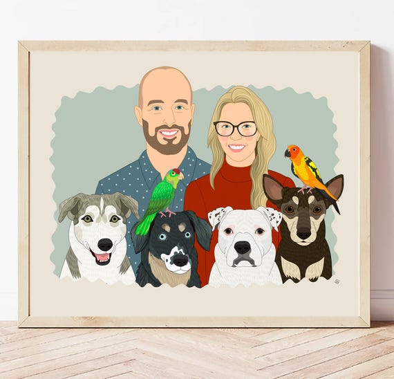 Couple With Four Dogs and Two Parrots Custom Family Portrait Poster