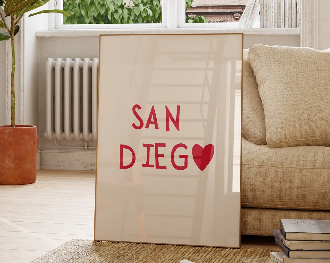 San Diego Red Heart City Love Minimalist California Travel Poster