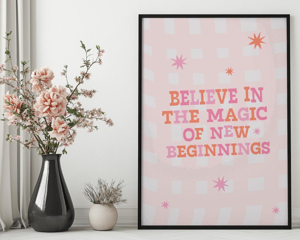 Believe In The Magic Of New Beginnings Pink Checkered Poster - Image 2