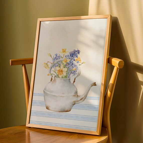 White Teapot With Daffodils And Hyacinths Vintage Floral Poster