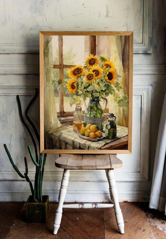 Sunflowers Moody Still Life Painting Vintage Kitchen Poster Mid Century Modern Retro Sunflowers Still Life Print Watercolor Wall Art