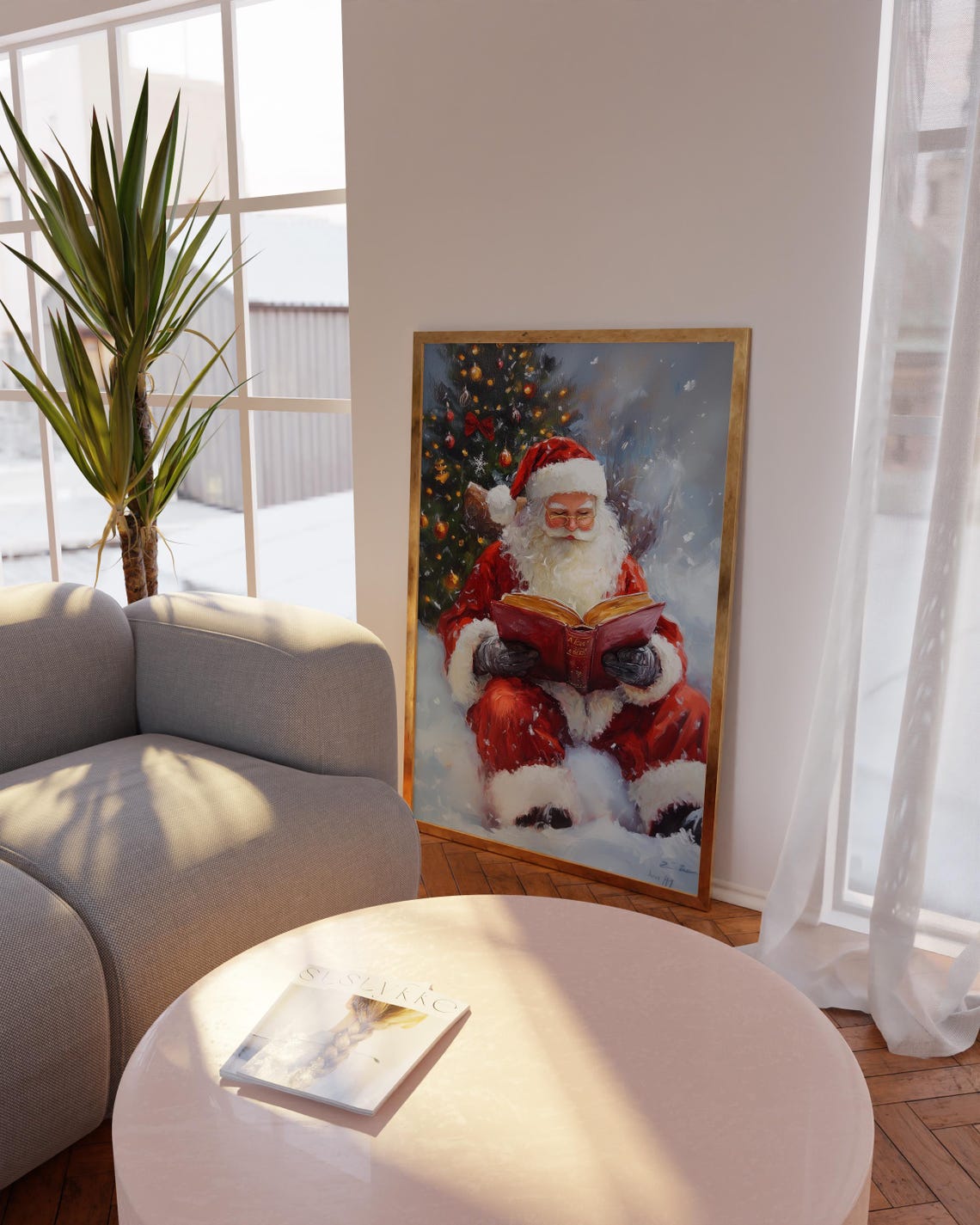 Santa Claus Reading Book In The Snow By Christmas Tree Poster - Image 2