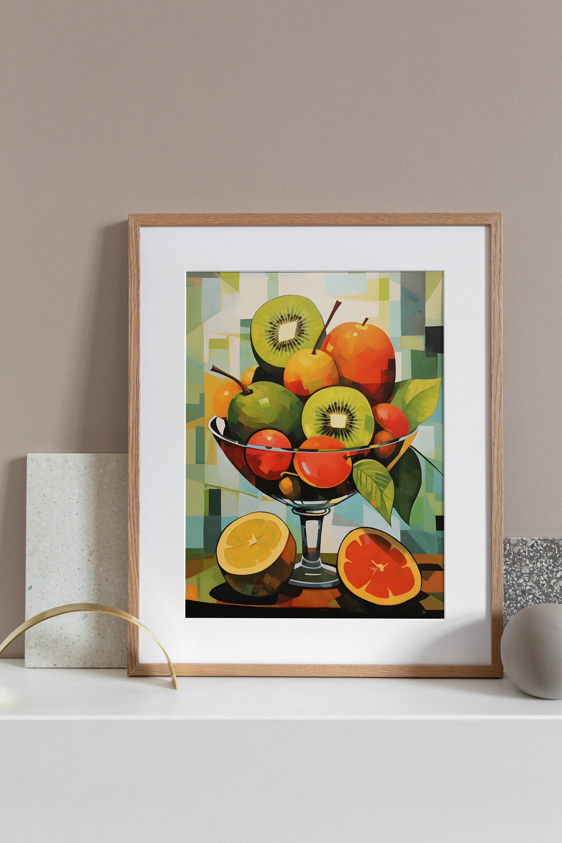 Geometric Fruit Bowl Kiwi and Citrus Modern Still Life Art Poster - Image 3