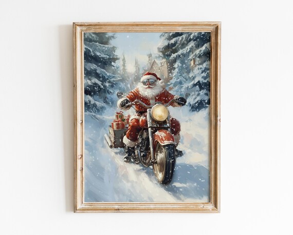 Santa Claus Riding Motorcycle Christmas Snowy Pines Gifts Poster