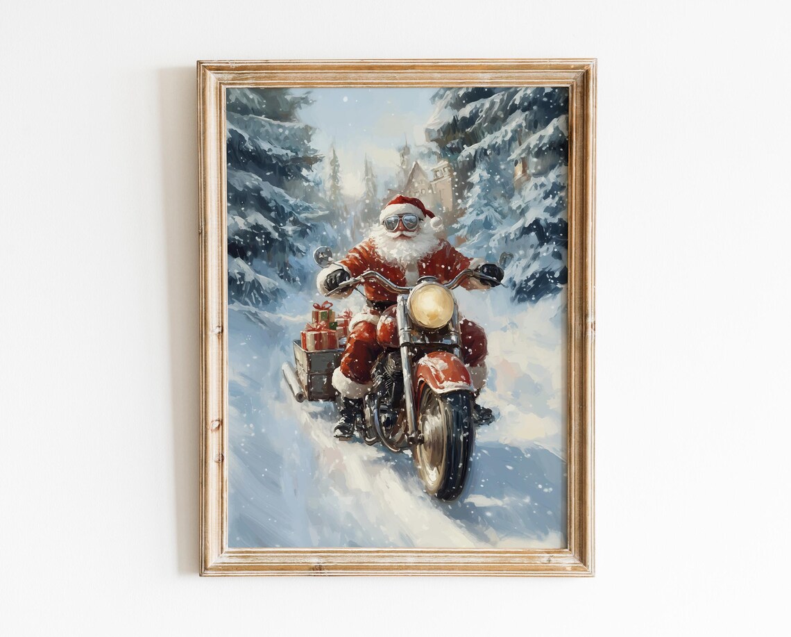 Santa Claus Riding Motorcycle Christmas Snowy Pines Gifts Poster