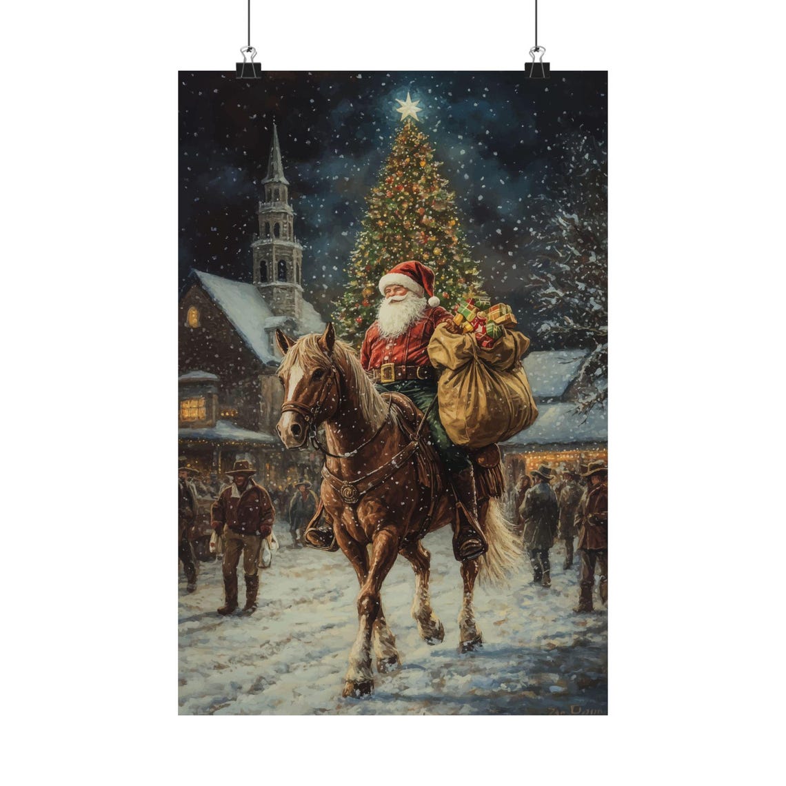 Western Santa Riding Horse Snowy Town Christmas Tree Retro Poster - Image 2