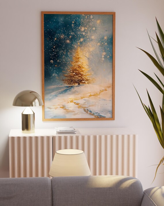 Golden Christmas Tree in a Snowy Winter Wonderland Painting Art Print