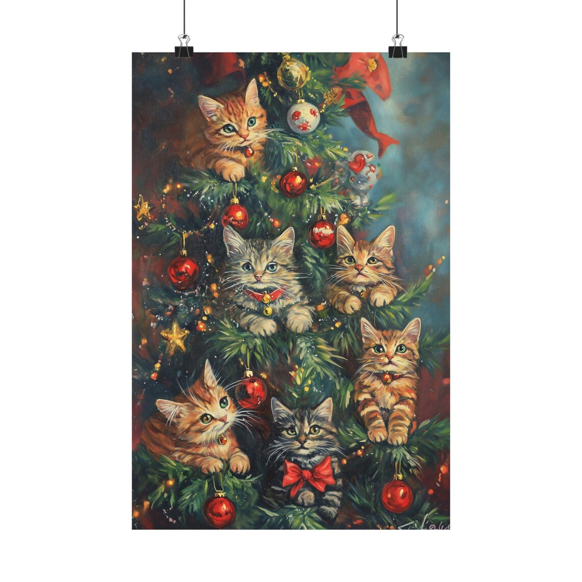 Vintage Kittens in Christmas Tree Holiday Ornaments Wall Art - Image 2