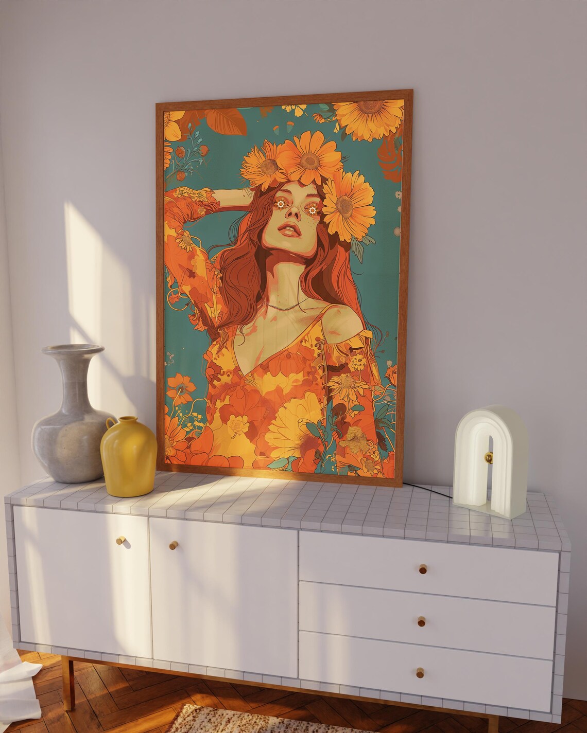 70s Flower Child Woman Sunflower Crown Retro Hippie Girl Wall Art - Image 3