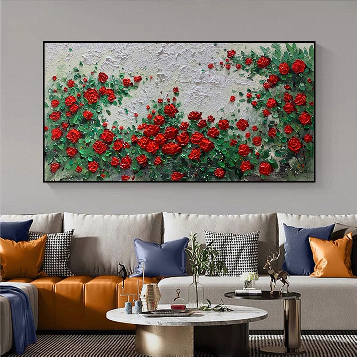 Red Roses Horizontal Panoramic Blooming Rose Bush Impasto Poster - Image 4